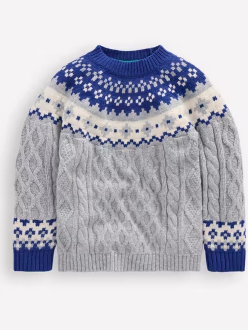 MINI BODEN KIDS -BOYS WOOL-BLEND FAIR ISLE KNIT CABLE SWEATER IN GREY MARL /